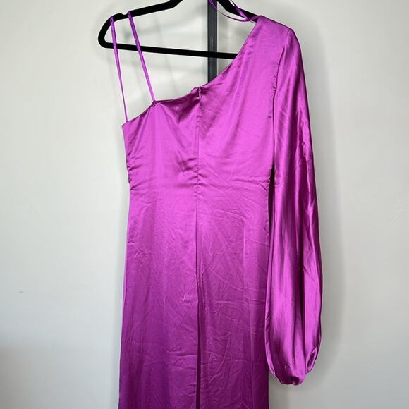 NWT IEENA for MAC DUGGAL Orchid One Shoulder Satin Puff Sleeve Side Ruched Gown - Picture 9 of 13